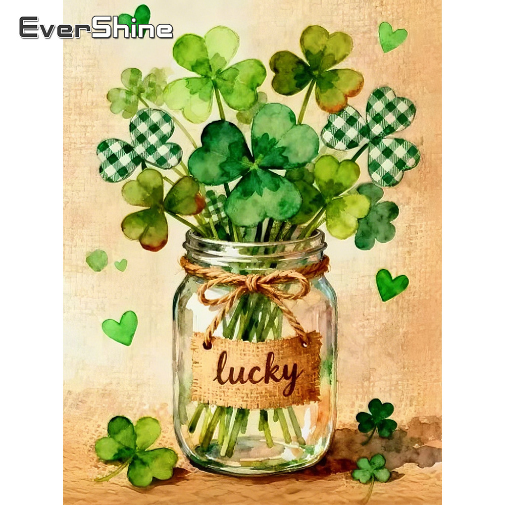 Art Craft Leaves - ภาพปักครอสติชลายดอกไม้รูปใบโคลเวอร์สี่แฉกแบบเต็มพื้นที่ 5 มิติ ยี่ห้อ Evershine สำหรับตกแต่งบ้านและห้องนั่งเล่น