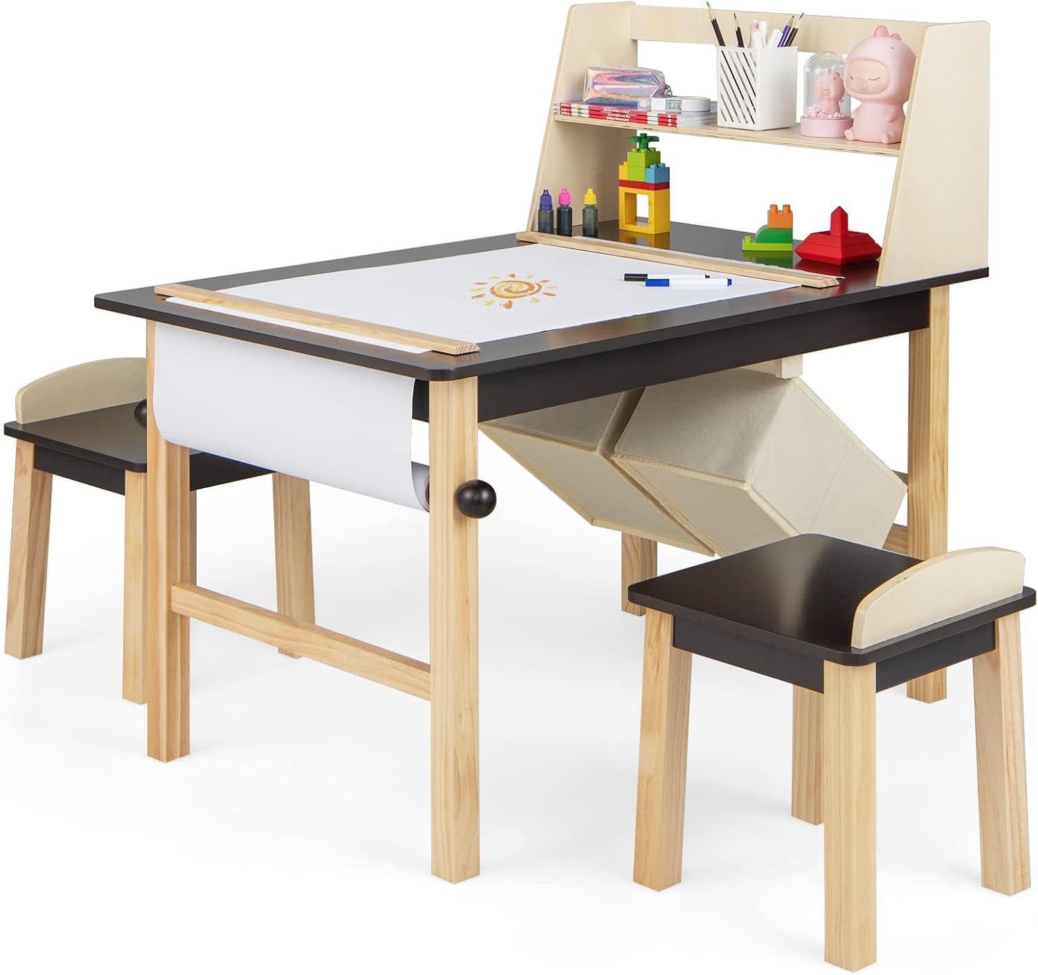 Art Craft Toddler - ชุดโต๊ะและเก้าอี้ศิลปะสำหรับเด็ก, โต๊ะกิจกรรมไม้และเก้าอี้ 2 ตัว พร้อมกระดาษม้วน, ปากกา