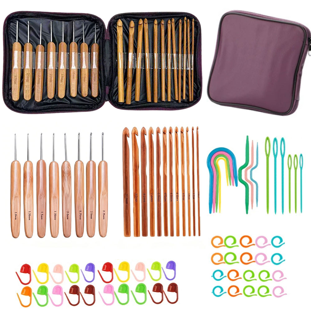 Art Craft Materials - ชุดเข็มโครเชต์ไม้ไผ่ 74 ชิ้น พร้อมอุปกรณ์ถักไหมพรม เย็บปักถักร้อย พร้อมกระเป๋าเก็บแบบพกพา